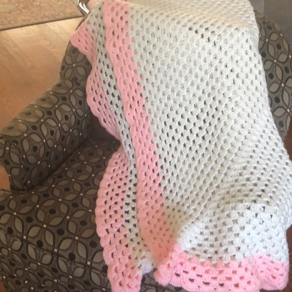 Handmade Ivory and Pink Crochet Baby Blanket - Picture 3 of 3